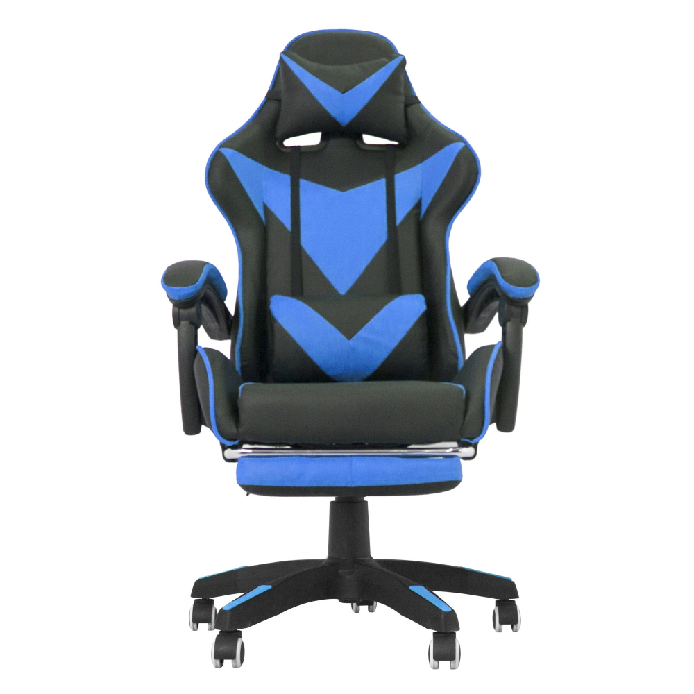 Scaun ergonomic de gaming, tetiera, suport retractabil picioare, sport lombar, inaltime reglabila, negru, albastru