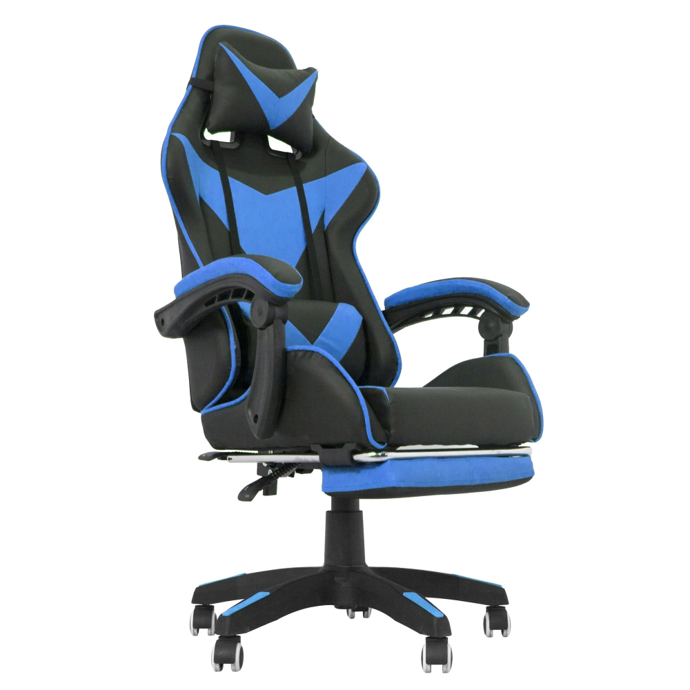Scaun ergonomic de gaming, tetiera, suport retractabil picioare, sport lombar, inaltime reglabila, negru, albastru - 4