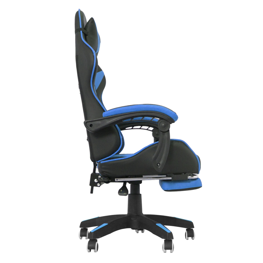 Scaun ergonomic de gaming, tetiera, suport retractabil picioare, sport lombar, inaltime reglabila, negru, albastru - 1