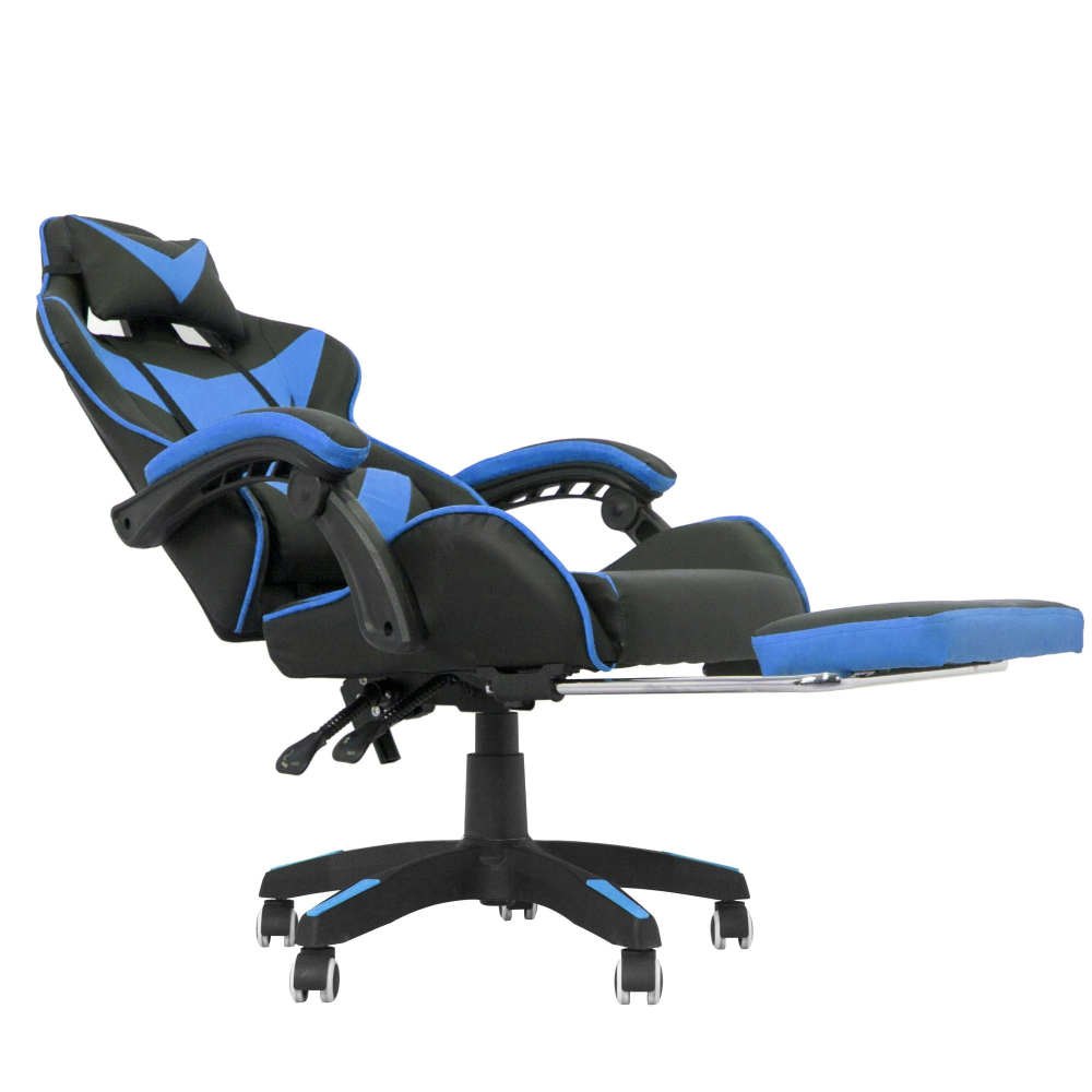 Scaun ergonomic de gaming, tetiera, suport retractabil picioare, sport lombar, inaltime reglabila, negru, albastru - 2
