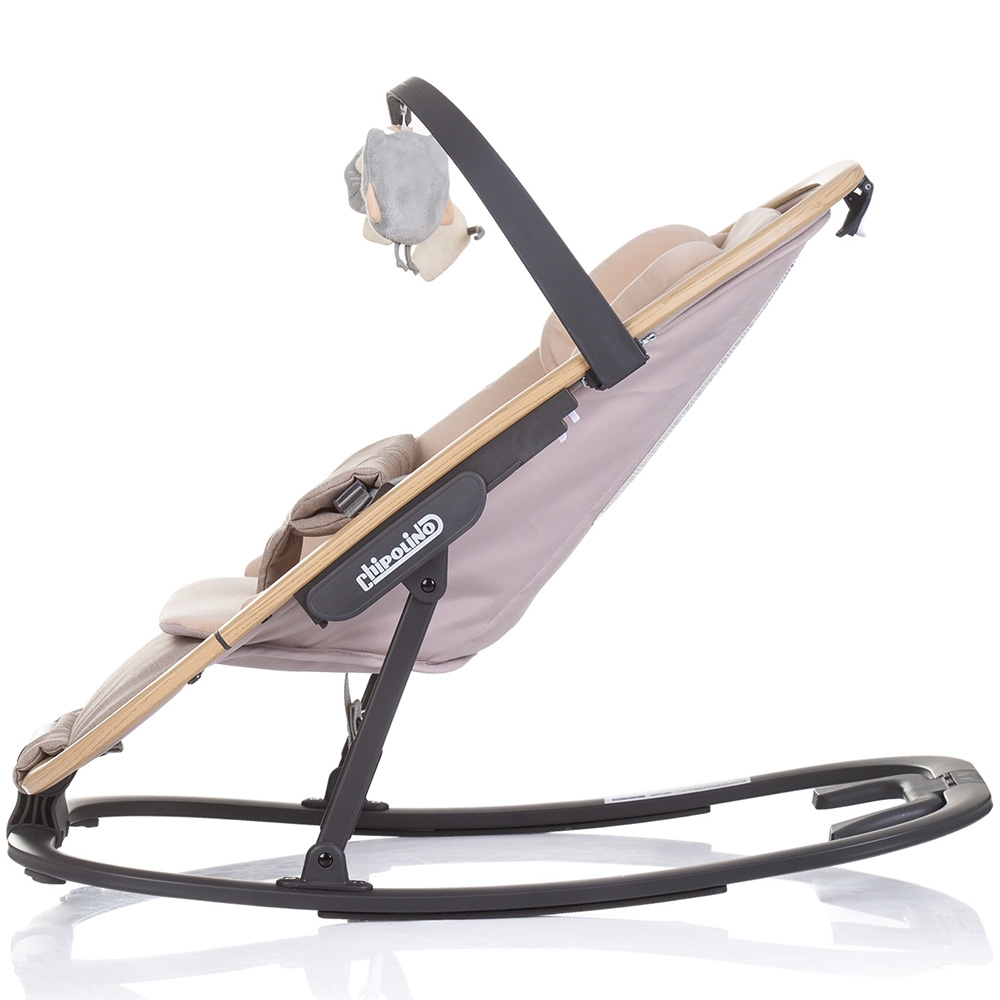 Scaunel balansoar Chipolino Senso Biscotta Wood cu spatar reglabil, bara de jucarii, suport pentru cap, centuri de siguranta, pliere compacta
