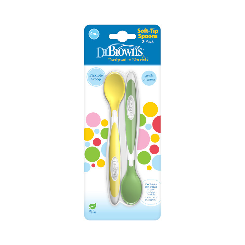 Set 2 lingurite Dr.Brown Soft Tip cu varf moale , Fara BPA, Sigure pentru gingiile bebelusilor, Potrivit pentru sterilizare si curatare