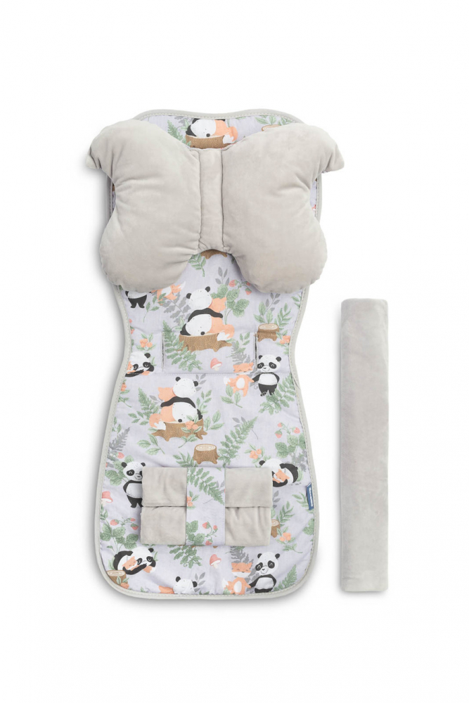 Set Saltea,Pernuta fluture,Protectii centuri si bara protectie pentru carucior copii Sensillo Panda and Fox,Compatibilitate universala,Reversibil,Material Fleece premiumBumbac,Umplutura antialergica,Orificii pentru centuri