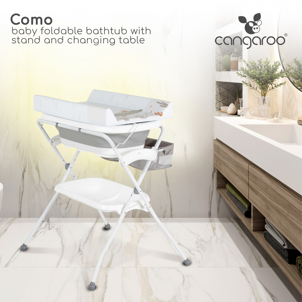 Set de baie 2in1 Cangaroo Como Roz cu design Pliabil,Masuta de infasat impermeabila cu taliometru,Cadita pliabila cu furtun scurgere apa,Organizator,Polita pentru accesorii,Inaltime confortabila pentru parinti