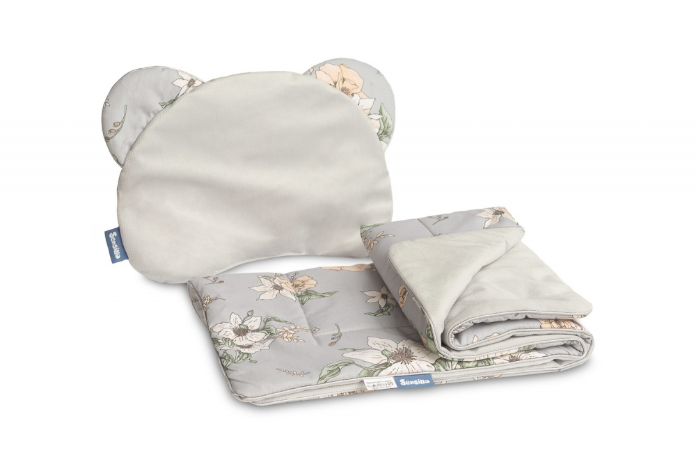 Set pernuta si pilota pentru caruciorlandoupatut copii Sensillo Lily Grey cu doua fete bumbaccatifea, Umplutura silicon lyocell antialergic, Perna cu urechiuse, Recomandat de la nastere