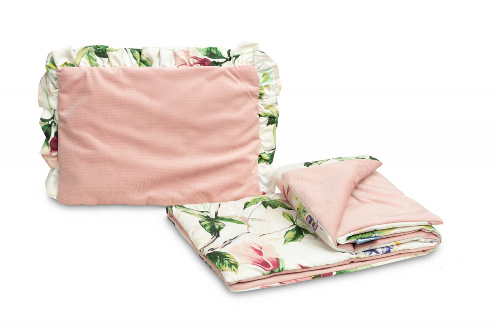 Set pernuta cu volanas si pilota pentru caruciorlandoupatut copii Sensillo Magnolia Pink cu doua fete bumbaccatifea,  Umplutura silicon lyocell antialergic, Recomandat de la nastere - 3