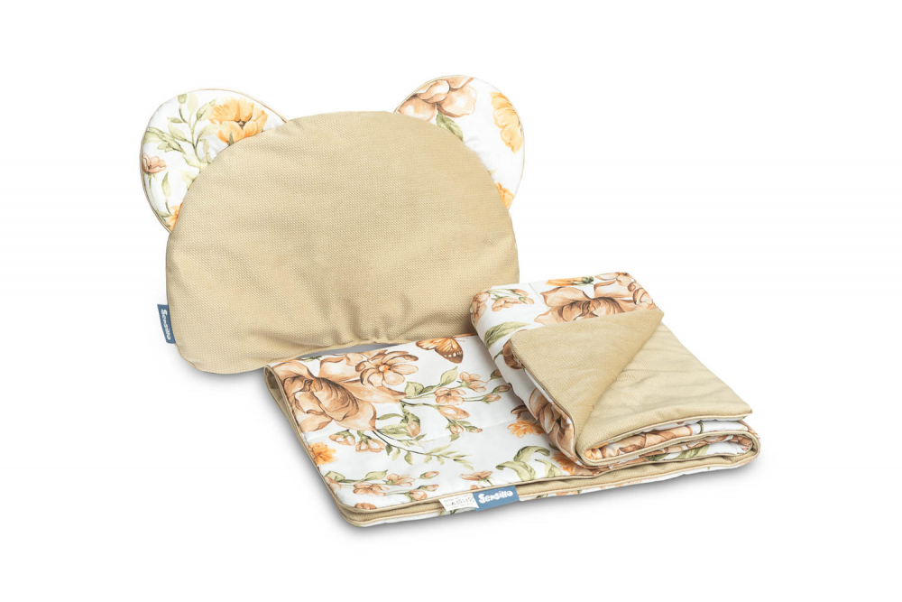 Set pernuta si pilota pentru caruciorlandoupatut copii Sensillo Teddy Square Beige cu doua fete bumbaccatifea, Umplutura silicon lyocell antialergic, Perna cu urechiuse, Recomandat de la nastere