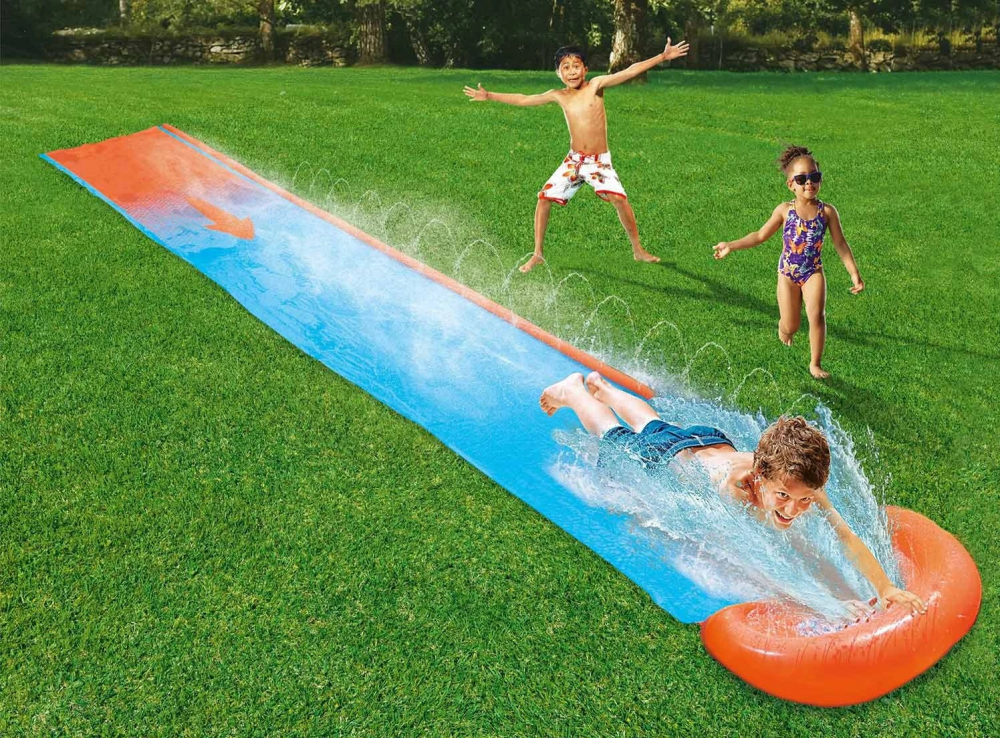 Tobogan cu apa pentru 1 persoana Bestway H2O GO AlbastruPortocaliu, Lungime 488 cm, Conectare la furtun, Aspersoare incorporate, Punct finish gonflabil, Patch de reparare inclus