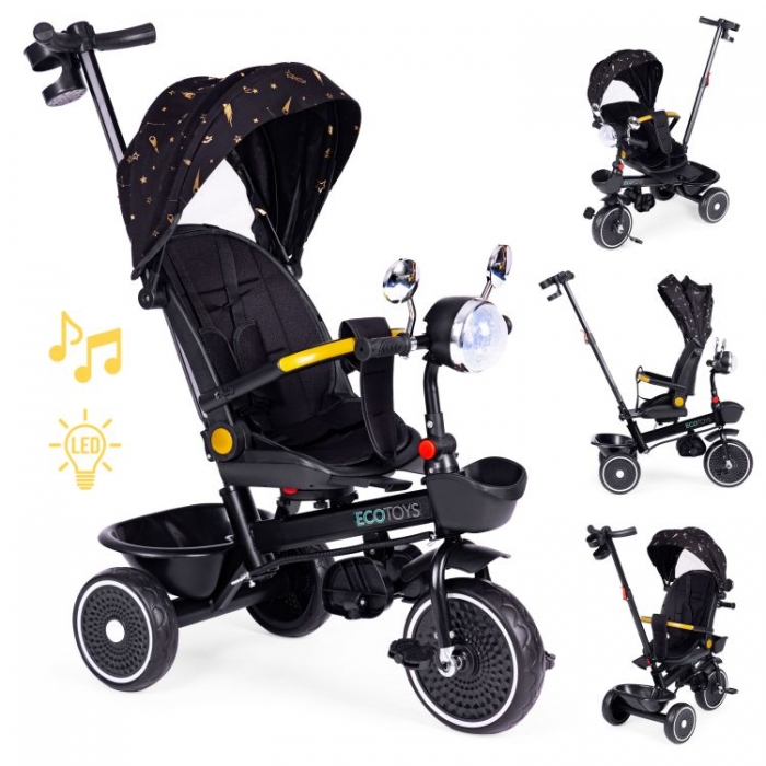 Tricicleta pentru copii Ecotoys Negru multifunctionala, scaun rotativ 360, roti din spuma EVA, suport pliabil pentru picioare, bariera de siguranta, maner pentru controlul directiei