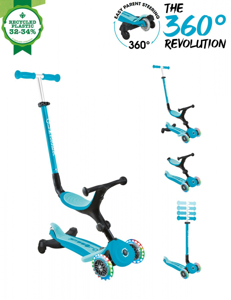 Trotineta pentru copii Globber Go-Up Active Eco Blue 3 in 1, rotire 360, ghidon reglabil, scaun, maner parinte, roti cu Led, greutate admisa 50 kg - 8