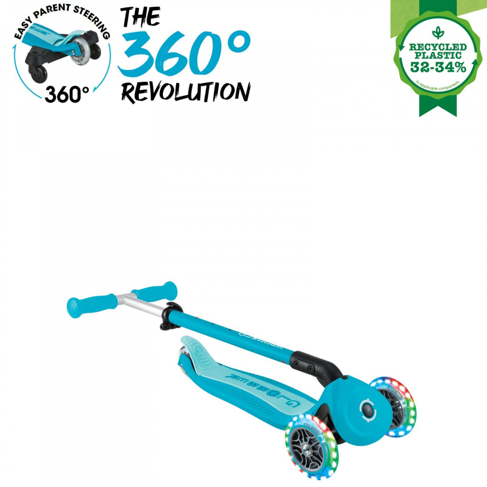 Trotineta pentru copii Globber Go-Up Active Eco Blue 3 in 1, rotire 360, ghidon reglabil, scaun, maner parinte, roti cu Led, greutate admisa 50 kg - 1
