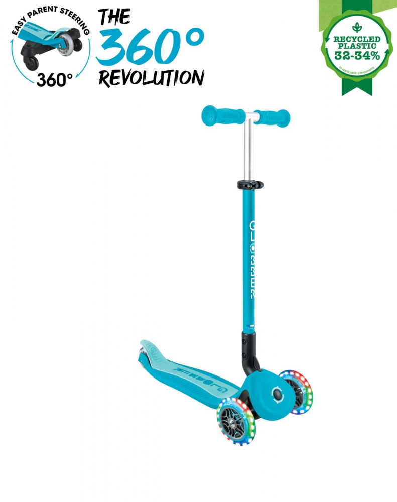 Trotineta pentru copii Globber Go-Up Active Eco Blue 3 in 1, rotire 360, ghidon reglabil, scaun, maner parinte, roti cu Led, greutate admisa 50 kg - 2