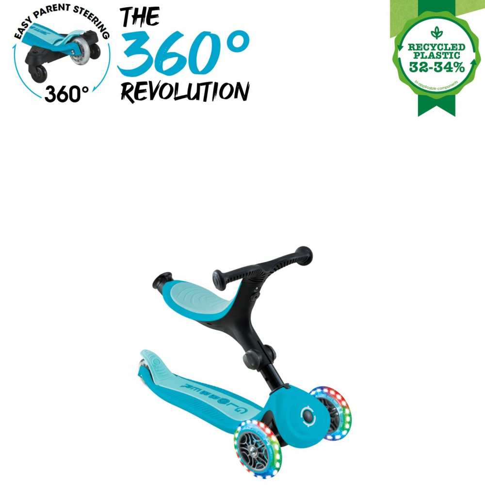 Trotineta pentru copii Globber Go-Up Active Eco Blue 3 in 1, rotire 360, ghidon reglabil, scaun, maner parinte, roti cu Led, greutate admisa 50 kg - 3