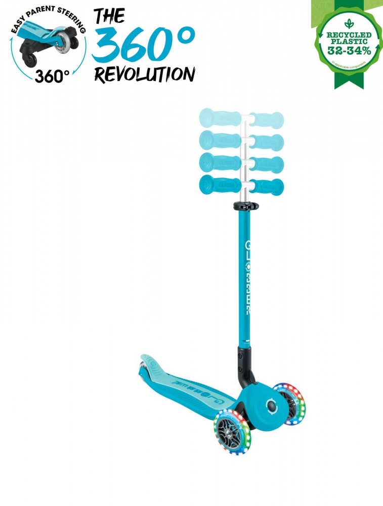 Trotineta pentru copii Globber Go-Up Active Eco Blue 3 in 1, rotire 360, ghidon reglabil, scaun, maner parinte, roti cu Led, greutate admisa 50 kg - 4