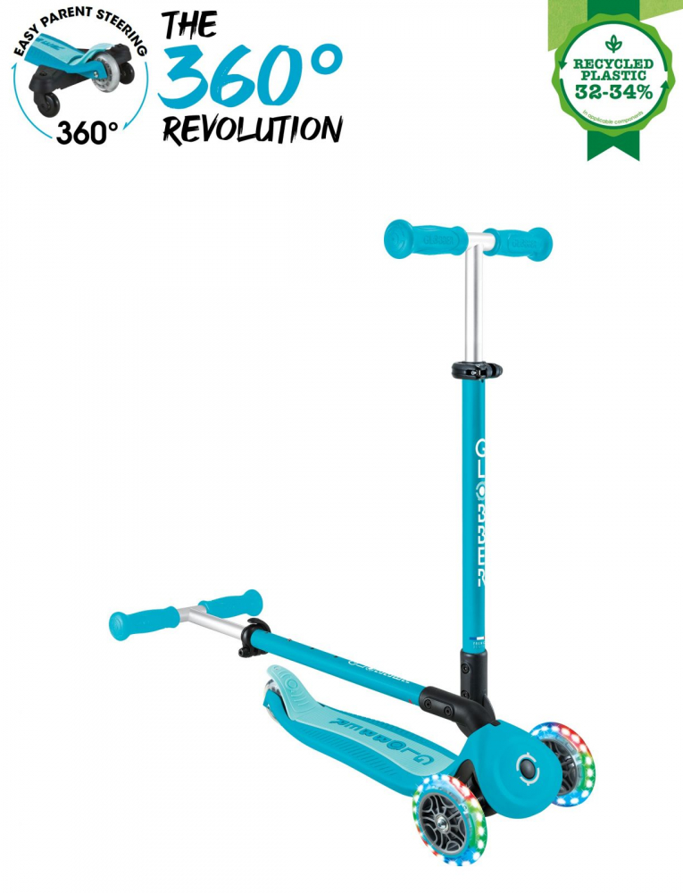 Trotineta pentru copii Globber Go-Up Active Eco Blue 3 in 1, rotire 360, ghidon reglabil, scaun, maner parinte, roti cu Led, greutate admisa 50 kg - 5