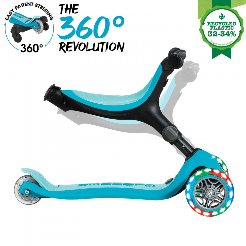 Trotineta pentru copii Globber Go-Up Active Eco Blue 3 in 1, rotire 360, ghidon reglabil, scaun, maner parinte, roti cu Led, greutate admisa 50 kg - 6