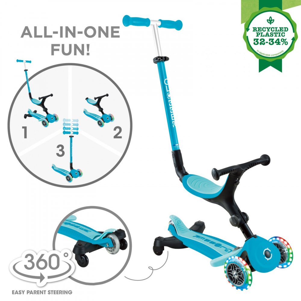 Trotineta pentru copii Globber Go-Up Active Eco Blue 3 in 1, rotire 360, ghidon reglabil, scaun, maner parinte, roti cu Led, greutate admisa 50 kg - 7