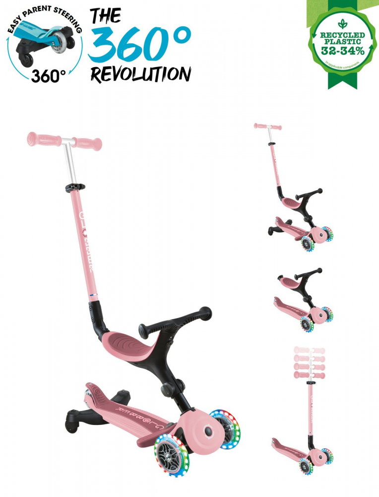 Trotineta pentru copii Globber Go-Up Active Eco Roz Pal 3 in 1, rotire 360, ghidon reglabil, scaun, maner parinte, roti cu Led, greutate admisa 50 kg - 7