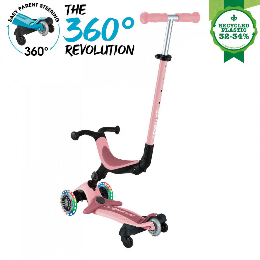 Trotineta pentru copii Globber Go-Up Active Eco Roz Pal 3 in 1, rotire 360, ghidon reglabil, scaun, maner parinte, roti cu Led, greutate admisa 50 kg