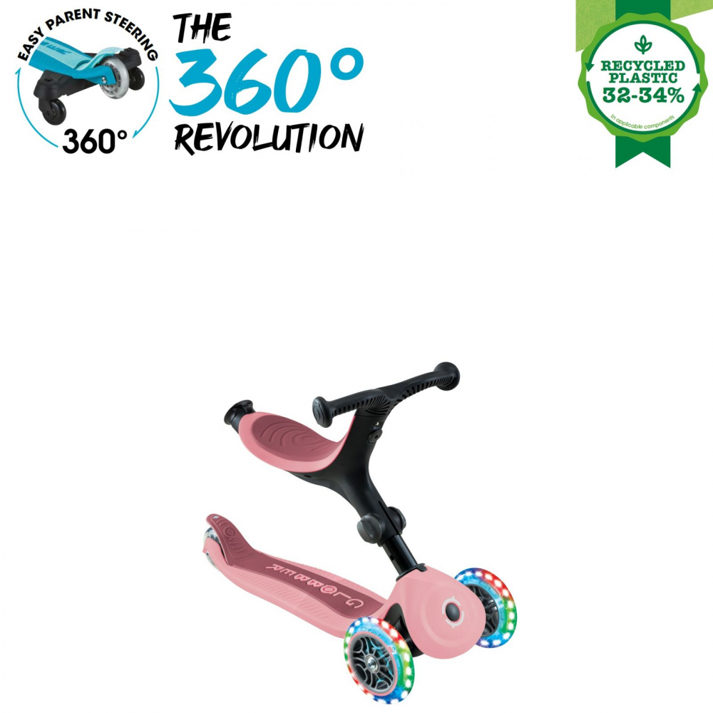 Trotineta pentru copii Globber Go-Up Active Eco Roz Pal 3 in 1, rotire 360, ghidon reglabil, scaun, maner parinte, roti cu Led, greutate admisa 50 kg - 1