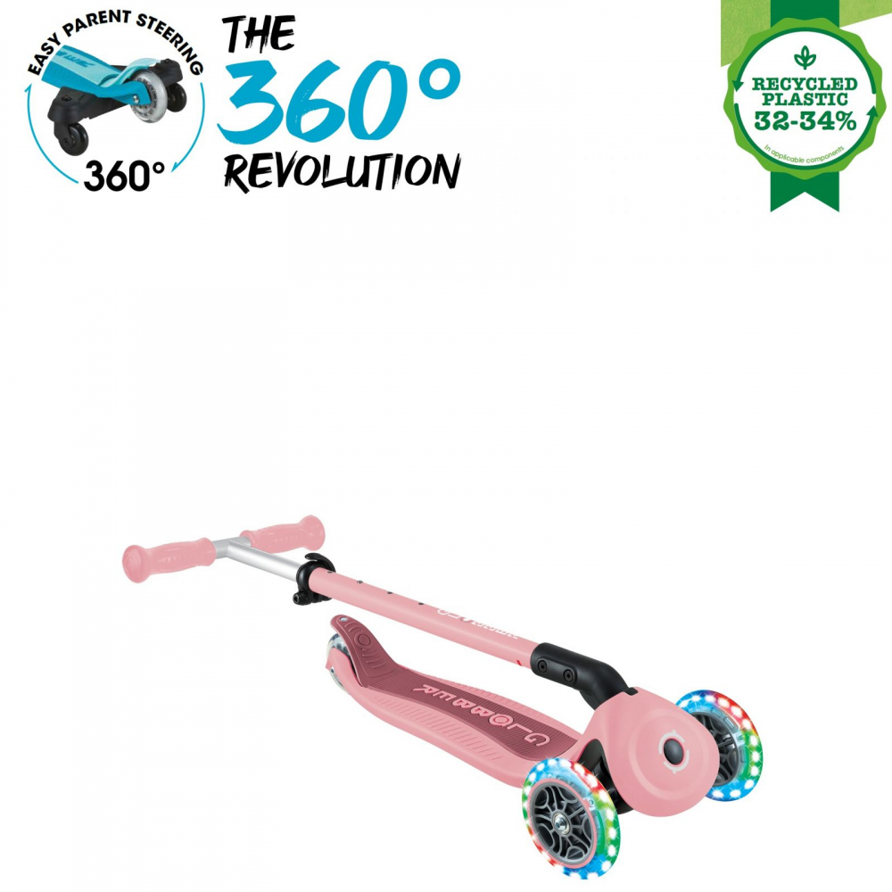 Trotineta pentru copii Globber Go-Up Active Eco Roz Pal 3 in 1, rotire 360, ghidon reglabil, scaun, maner parinte, roti cu Led, greutate admisa 50 kg - 2