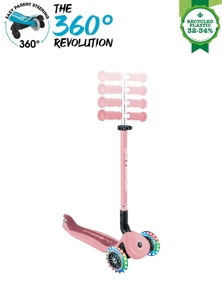 Trotineta pentru copii Globber Go-Up Active Eco Roz Pal 3 in 1, rotire 360, ghidon reglabil, scaun, maner parinte, roti cu Led, greutate admisa 50 kg - 3