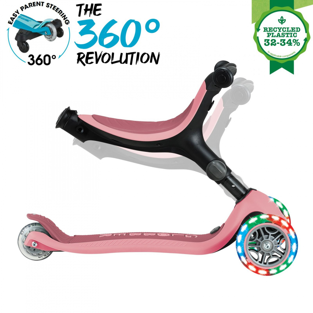 Trotineta pentru copii Globber Go-Up Active Eco Roz Pal 3 in 1, rotire 360, ghidon reglabil, scaun, maner parinte, roti cu Led, greutate admisa 50 kg - 4