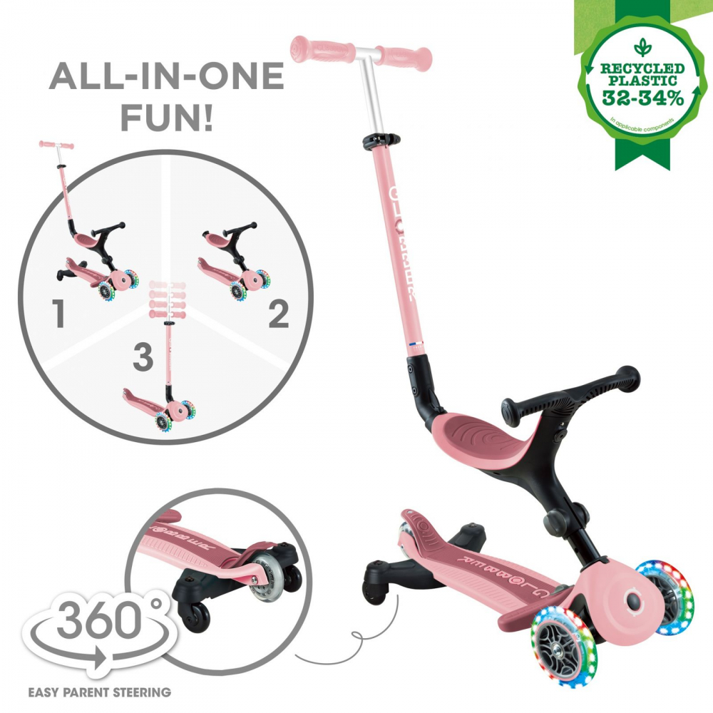 Trotineta pentru copii Globber Go-Up Active Eco Roz Pal 3 in 1, rotire 360, ghidon reglabil, scaun, maner parinte, roti cu Led, greutate admisa 50 kg - 6
