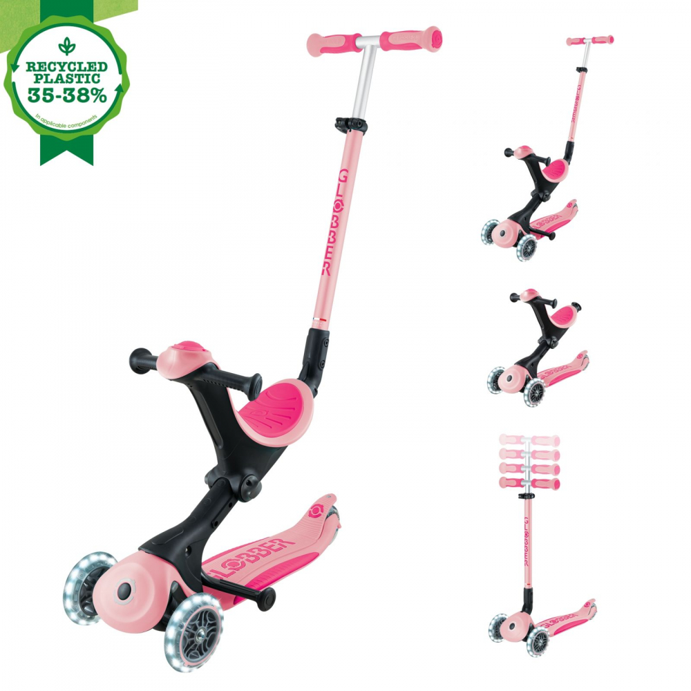 Trotineta pentru copii Globber Go-Up Deluxe Lights Ecologic Roz Pal 4 in 1, ghidon reglabil, scaun, maner parinte, roti cu Led, greutate admisa 50 kg