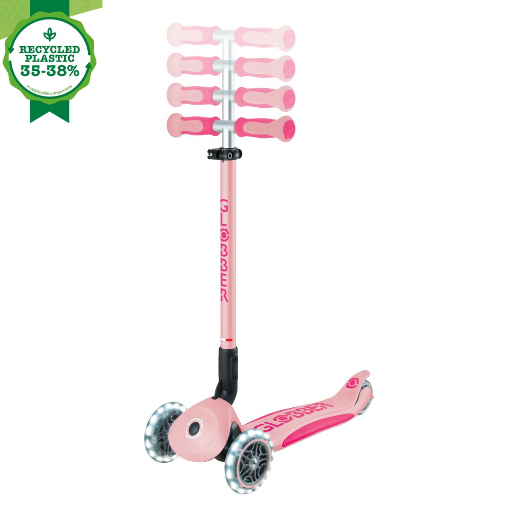 Trotineta pentru copii Globber Go-Up Deluxe Lights Ecologic Roz Pal 4 in 1, ghidon reglabil, scaun, maner parinte, roti cu Led, greutate admisa 50 kg