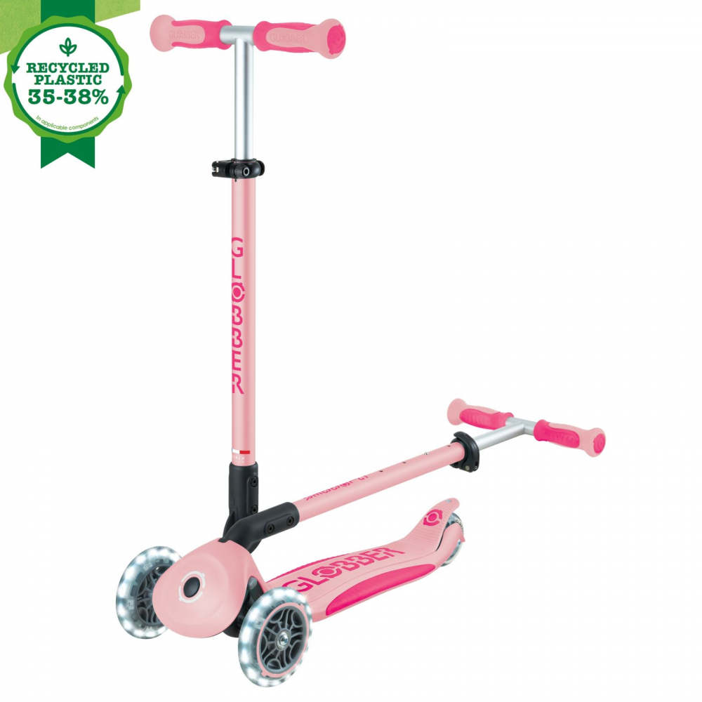 Trotineta pentru copii Globber Go-Up Deluxe Lights Ecologic Roz Pal 4 in 1, ghidon reglabil, scaun, maner parinte, roti cu Led, greutate admisa 50 kg - 1