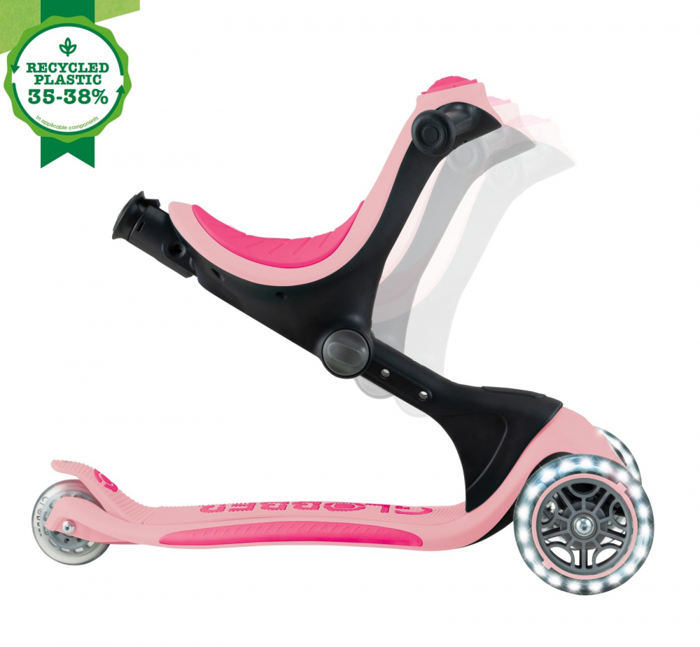 Trotineta pentru copii Globber Go-Up Deluxe Lights Ecologic Roz Pal 4 in 1, ghidon reglabil, scaun, maner parinte, roti cu Led, greutate admisa 50 kg - 2