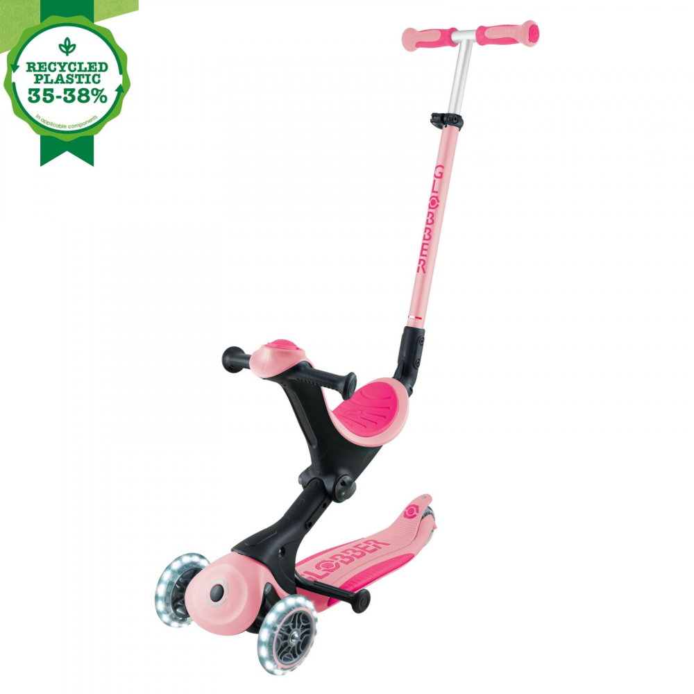 Trotineta pentru copii Globber Go-Up Deluxe Lights Ecologic Roz Pal 4 in 1, ghidon reglabil, scaun, maner parinte, roti cu Led, greutate admisa 50 kg - 4