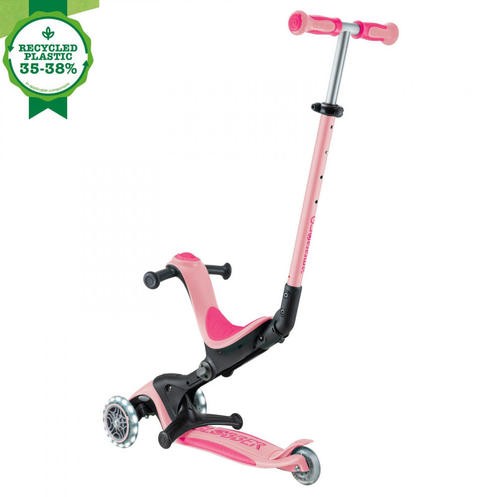 Trotineta pentru copii Globber Go-Up Deluxe Lights Ecologic Roz Pal 4 in 1, ghidon reglabil, scaun, maner parinte, roti cu Led, greutate admisa 50 kg - 5