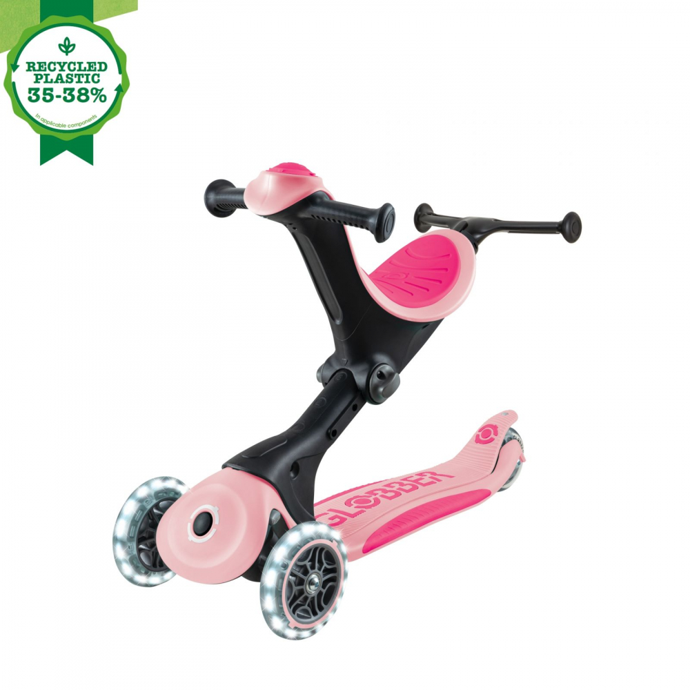 Trotineta pentru copii Globber Go-Up Deluxe Lights Ecologic Roz Pal 4 in 1, ghidon reglabil, scaun, maner parinte, roti cu Led, greutate admisa 50 kg - 6
