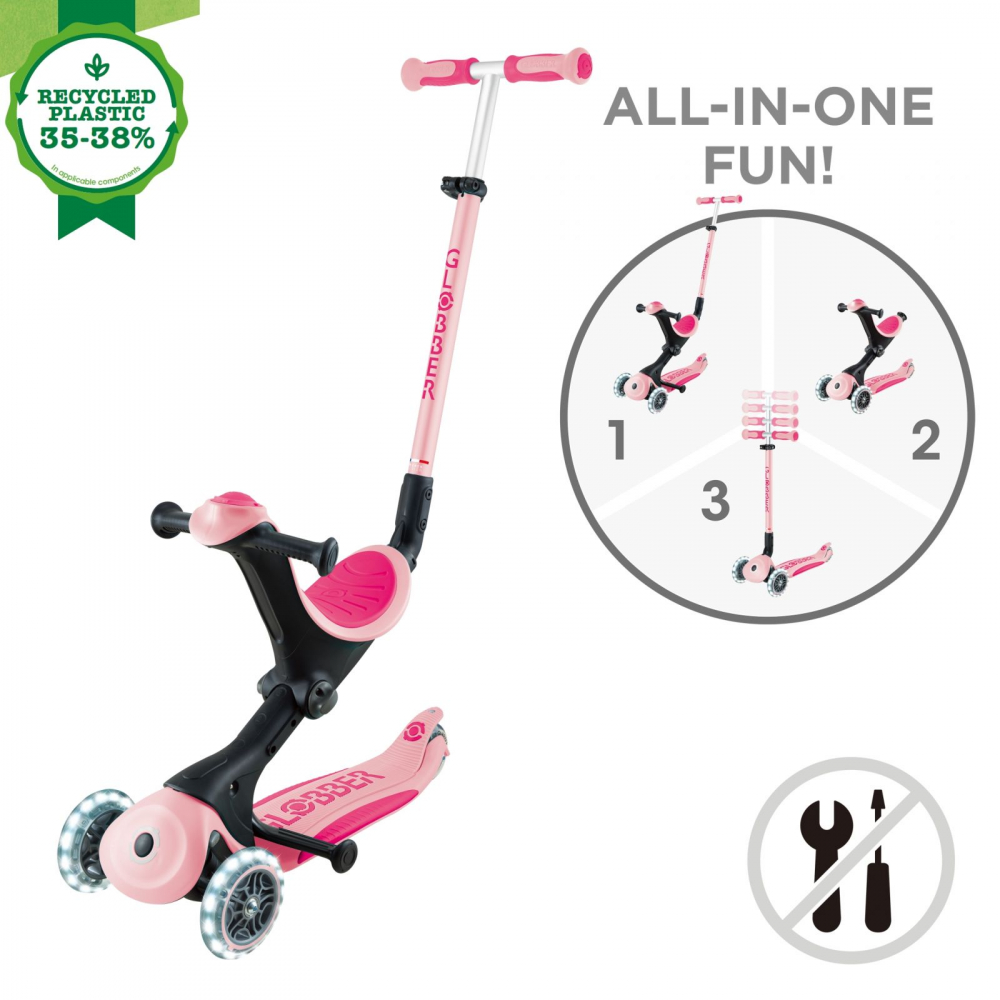 Trotineta pentru copii Globber Go-Up Deluxe Lights Ecologic Roz Pal 4 in 1, ghidon reglabil, scaun, maner parinte, roti cu Led, greutate admisa 50 kg - 7