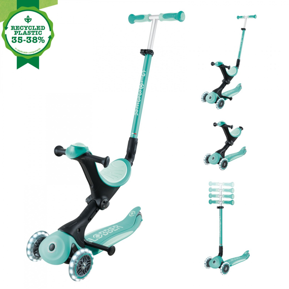 Trotineta pentru copii Globber Go-Up Deluxe Lights Ecologic Verde 4 in 1, ghidon reglabil, scaun, maner parinte, roti cu Led, greutate admisa 50 kg - 8