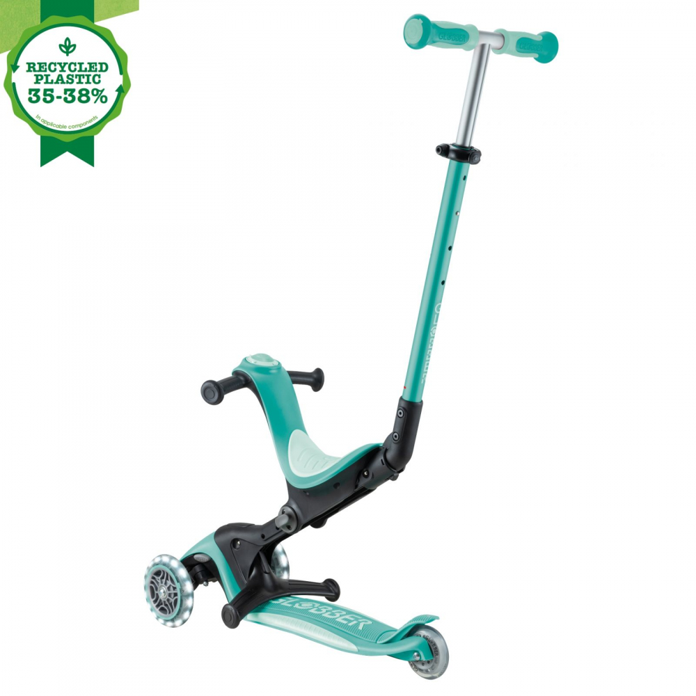 Trotineta pentru copii Globber Go-Up Deluxe Lights Ecologic Verde 4 in 1, ghidon reglabil, scaun, maner parinte, roti cu Led, greutate admisa 50 kg