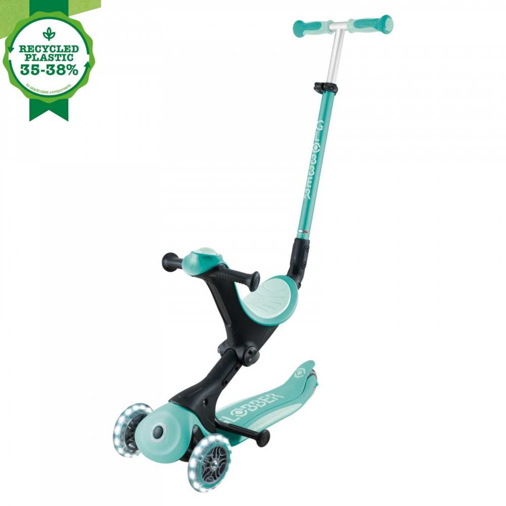 Trotineta pentru copii Globber Go-Up Deluxe Lights Ecologic Verde 4 in 1, ghidon reglabil, scaun, maner parinte, roti cu Led, greutate admisa 50 kg - 1