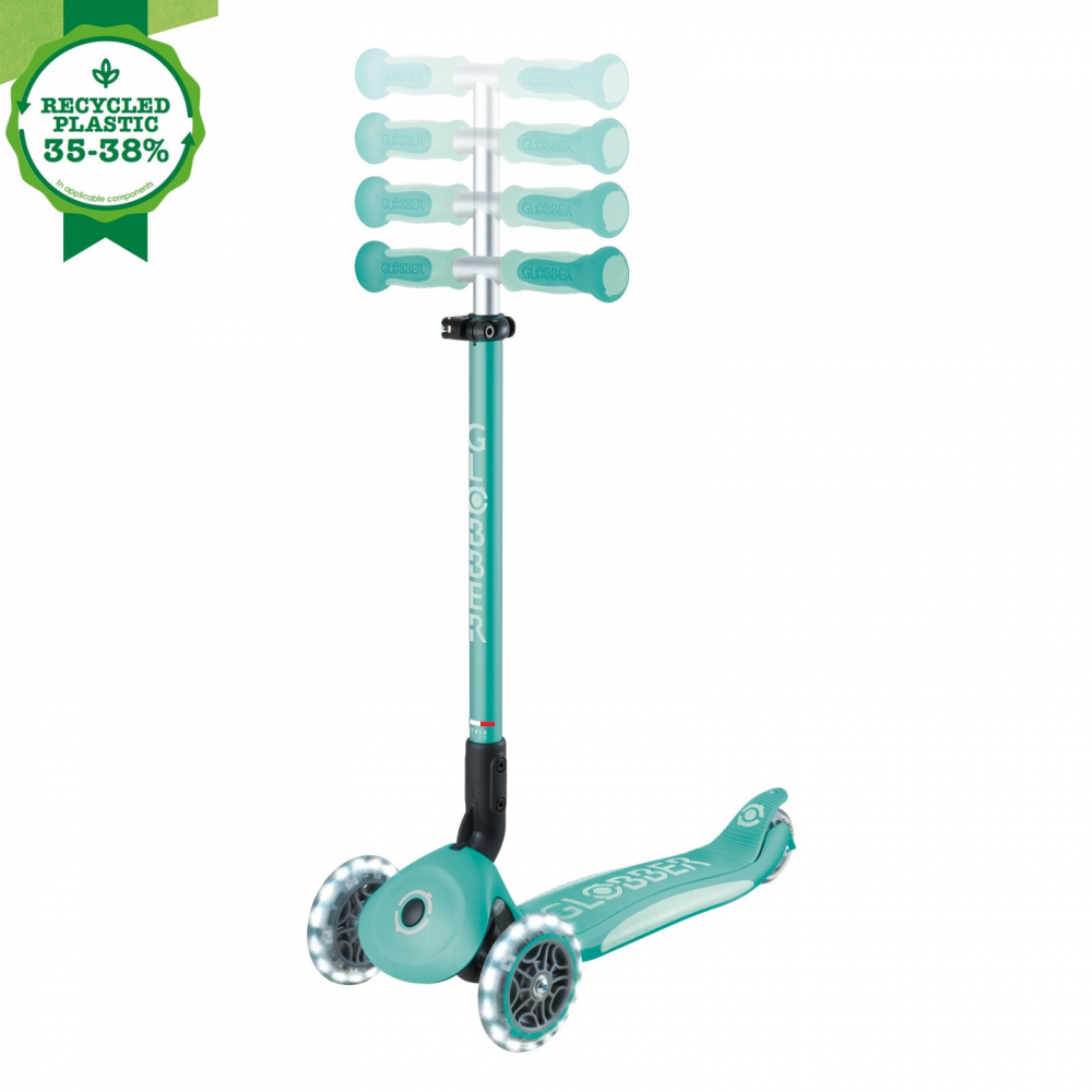 Trotineta pentru copii Globber Go-Up Deluxe Lights Ecologic Verde 4 in 1, ghidon reglabil, scaun, maner parinte, roti cu Led, greutate admisa 50 kg - 2
