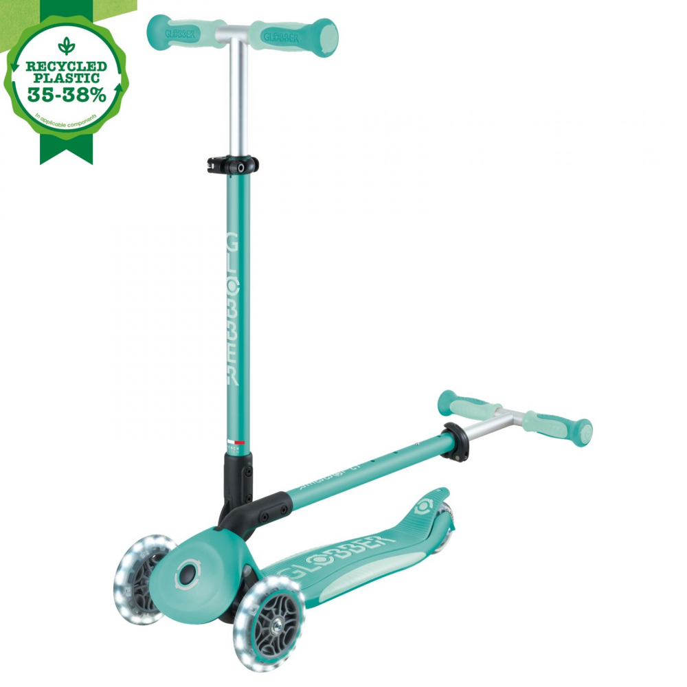 Trotineta pentru copii Globber Go-Up Deluxe Lights Ecologic Verde 4 in 1, ghidon reglabil, scaun, maner parinte, roti cu Led, greutate admisa 50 kg - 3