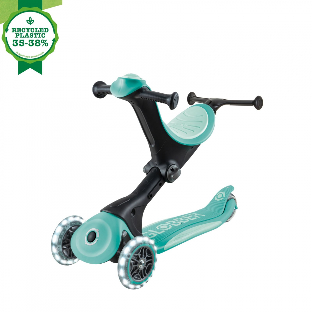 Trotineta pentru copii Globber Go-Up Deluxe Lights Ecologic Verde 4 in 1, ghidon reglabil, scaun, maner parinte, roti cu Led, greutate admisa 50 kg - 4