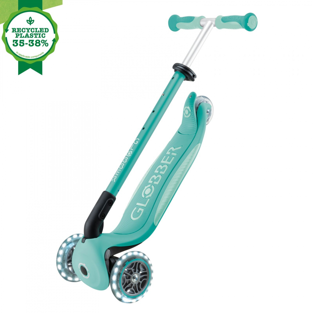 Trotineta pentru copii Globber Go-Up Deluxe Lights Ecologic Verde 4 in 1, ghidon reglabil, scaun, maner parinte, roti cu Led, greutate admisa 50 kg - 5