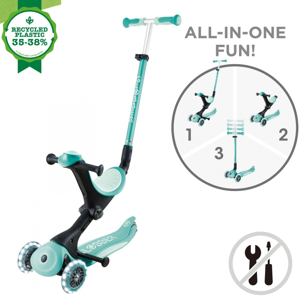 Trotineta pentru copii Globber Go-Up Deluxe Lights Ecologic Verde 4 in 1, ghidon reglabil, scaun, maner parinte, roti cu Led, greutate admisa 50 kg - 6