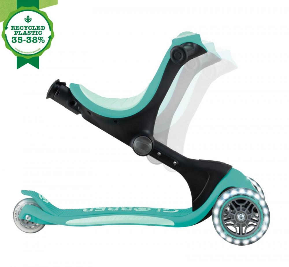 Trotineta pentru copii Globber Go-Up Deluxe Lights Ecologic Verde 4 in 1, ghidon reglabil, scaun, maner parinte, roti cu Led, greutate admisa 50 kg - 7