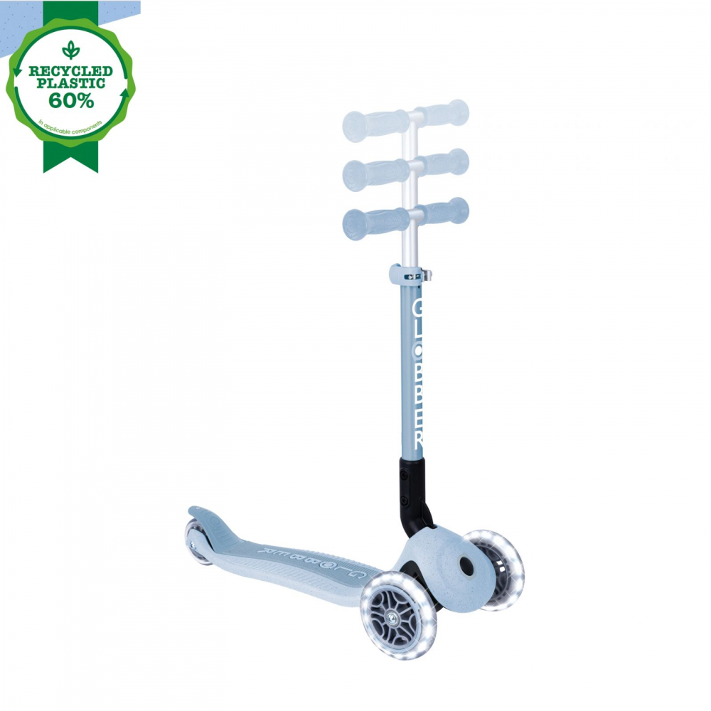 Trotineta Globber Junior ECO Albastru, pliabila, ghidon din aluminiu reglabil, roti cu Led, greutate admisa 50 kg