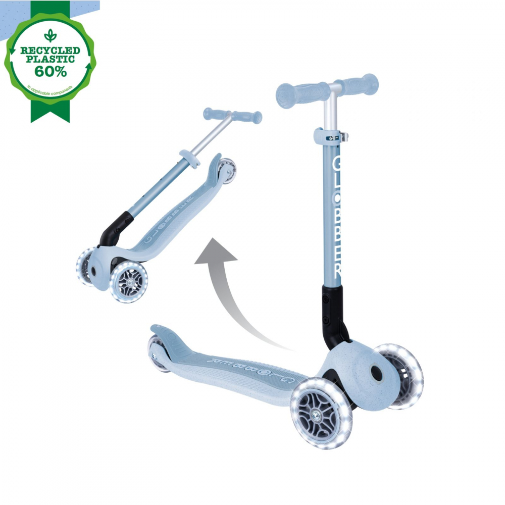 Trotineta Globber Junior ECO Albastru, pliabila, ghidon din aluminiu reglabil, roti cu Led, greutate admisa 50 kg