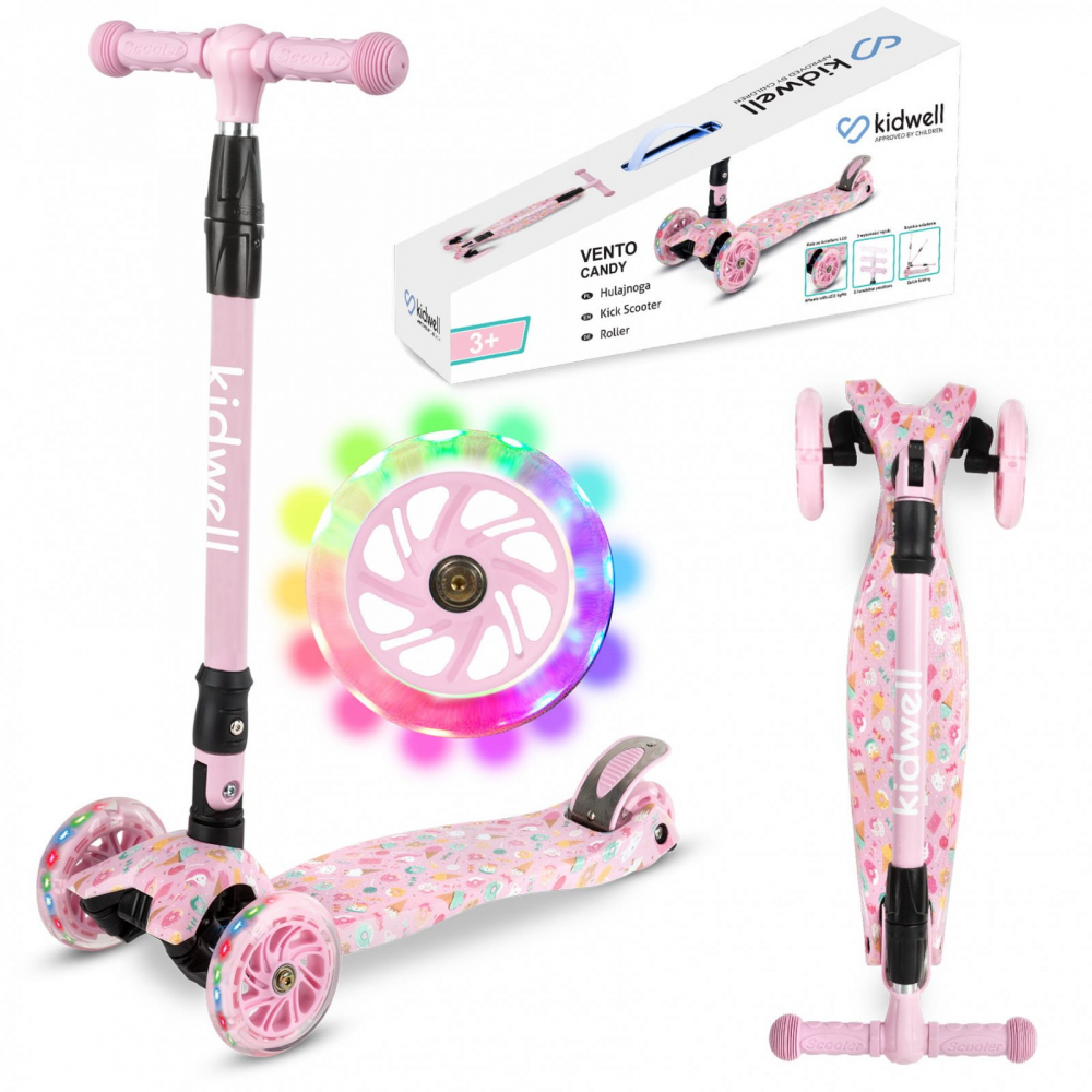 Trotineta pentru copii Kidwell Vento Candy pliabila, cu suspensie, roti cu led, ghidon din aluminiu reglabil, greutate admisa 50 kg, varsta 3 ani+
