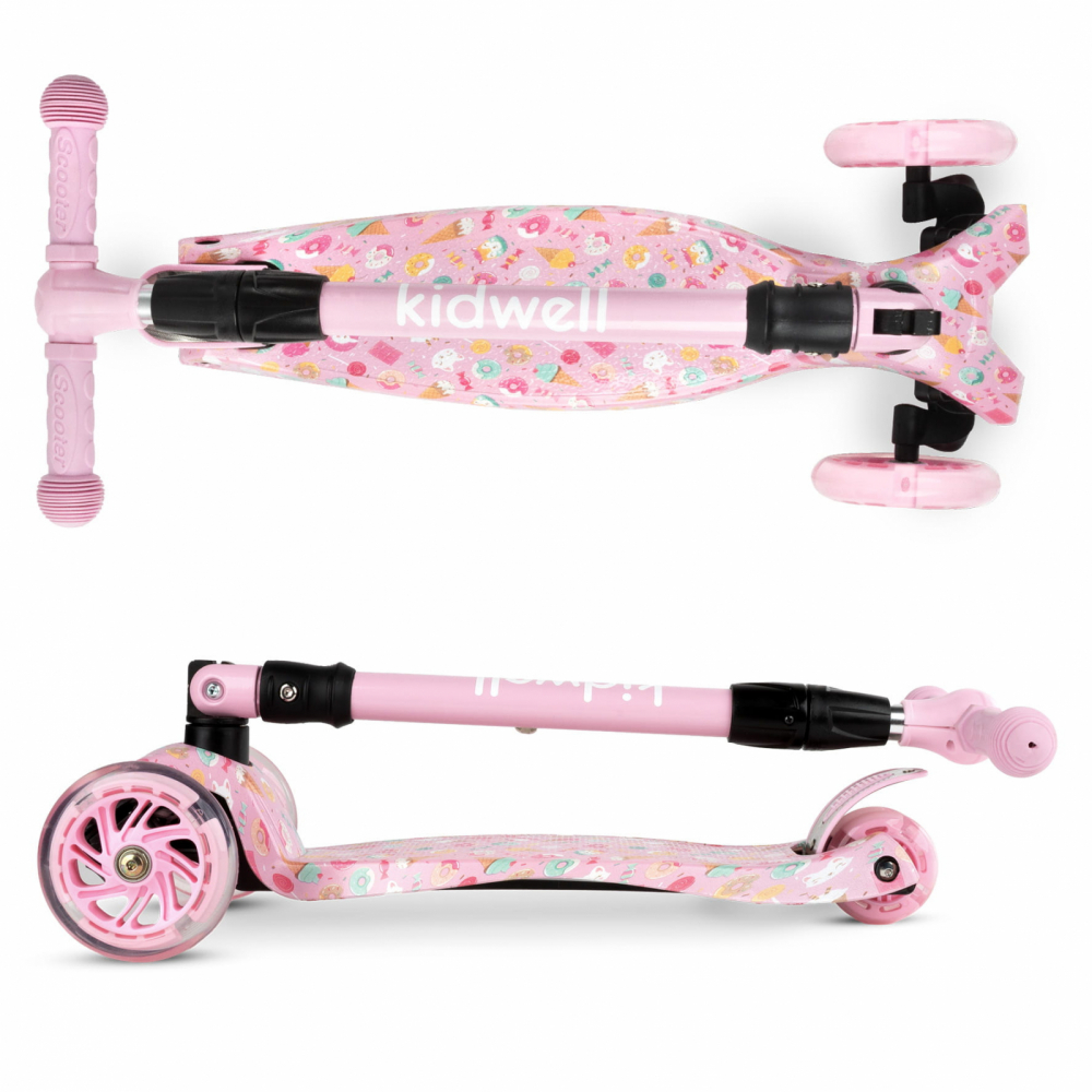 Trotineta pentru copii Kidwell Vento Candy pliabila, cu suspensie, roti cu led, ghidon din aluminiu reglabil, greutate admisa 50 kg, varsta 3 ani+