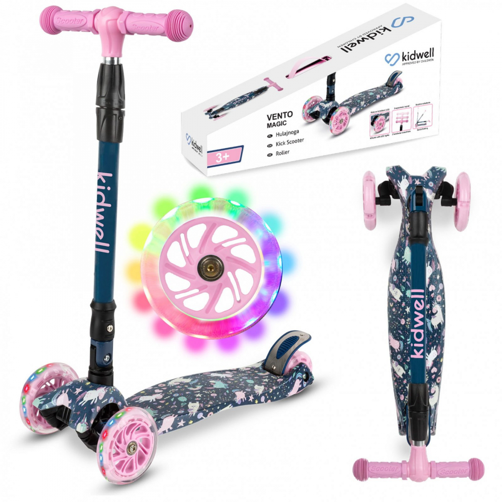 Trotineta pentru copii Kidwell Vento Magic pliabila, cu suspensie, roti cu led, ghidon din aluminiu reglabil, greutate admisa 50 kg, varsta 3 ani+